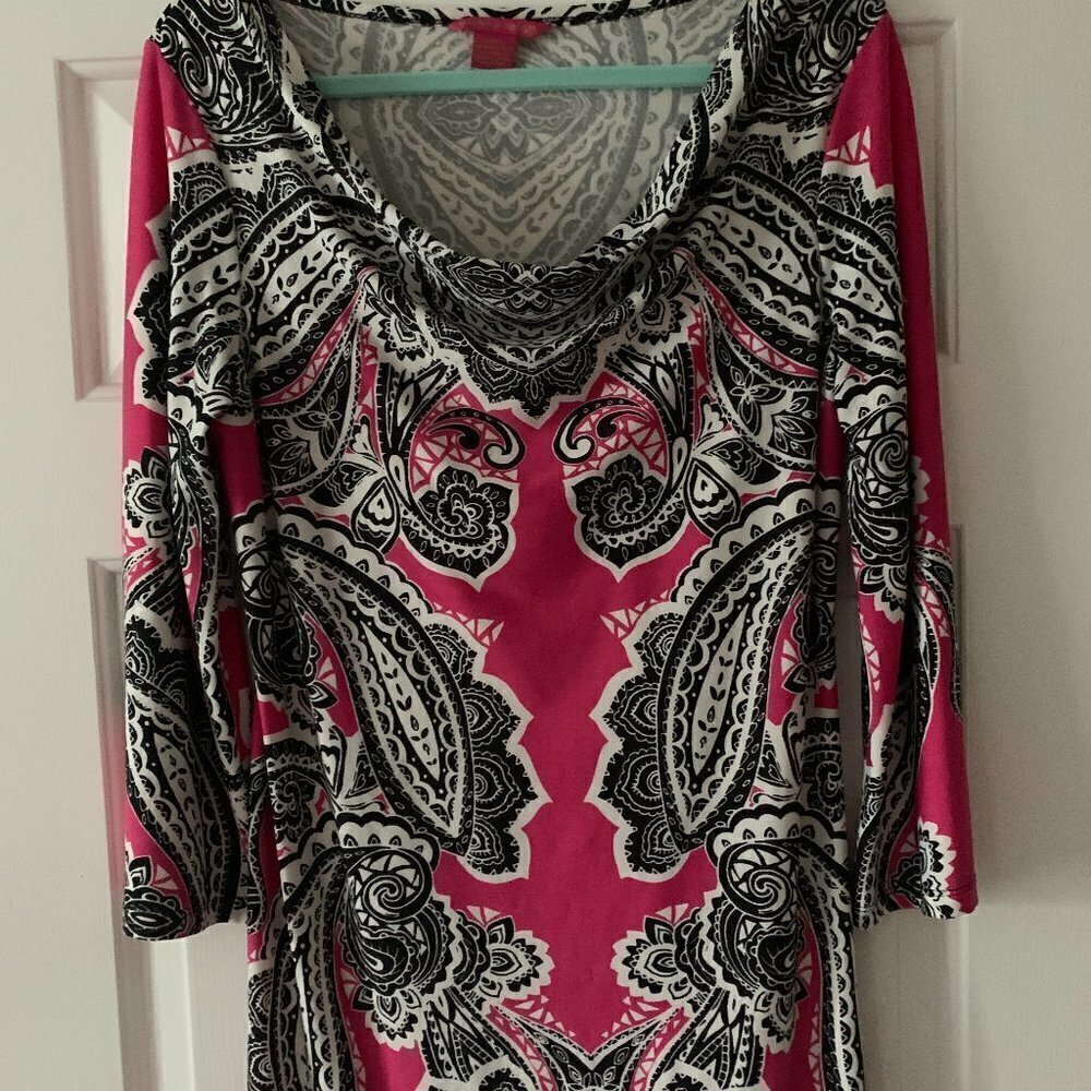 SUNNY LEIGH PAISLEY DRESS, Sz L, POLYESTER/SPANDEX